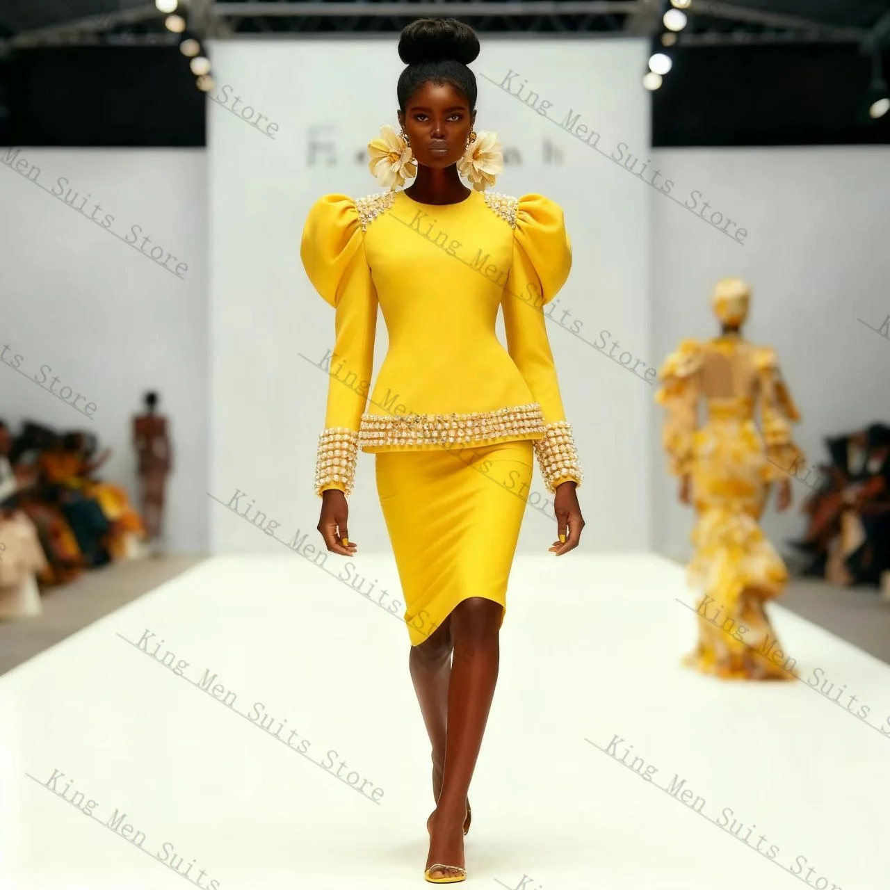 

Yellow Black Women Suit Set 2 Pcs Blazer+Short Mini Prom Dress Puffy Shoulder Customized Formal Wedding Tuxedos Coat Jacket