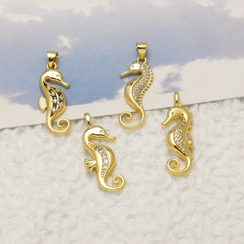 OCESRIO Crystal Seahorse Pendants Cute Marine Animal Charms for Necklaces Gold Plated Copper Jewelry Making Supplies DIY pdtc019