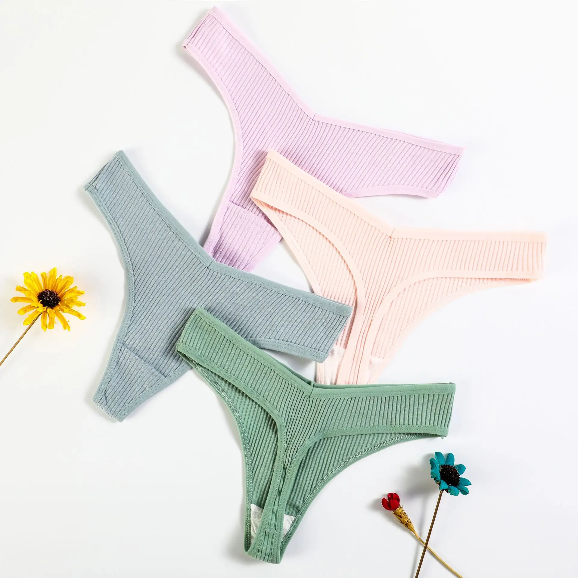 5PCS Pure Cotton Allure Women's Thong Underwear Fashion Solid Color T-Back Ladies Ribbed Triangle Panties