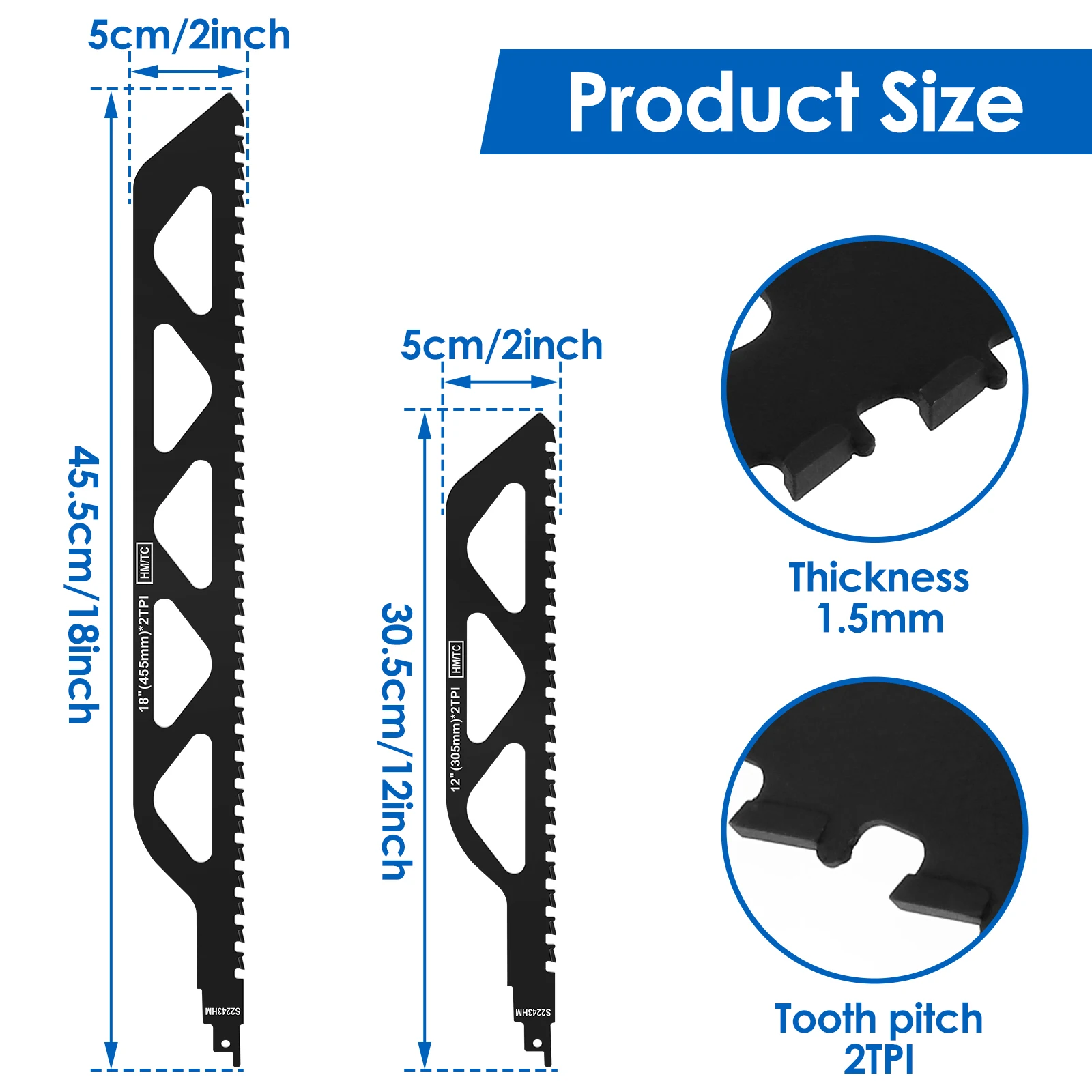 2Pcs Reciprocating Saw Blade Set 12/18inch Carbide Cutting Recip Sabre Saw Blade Demolition Masonry Saw Blade 2TPI for Drywall