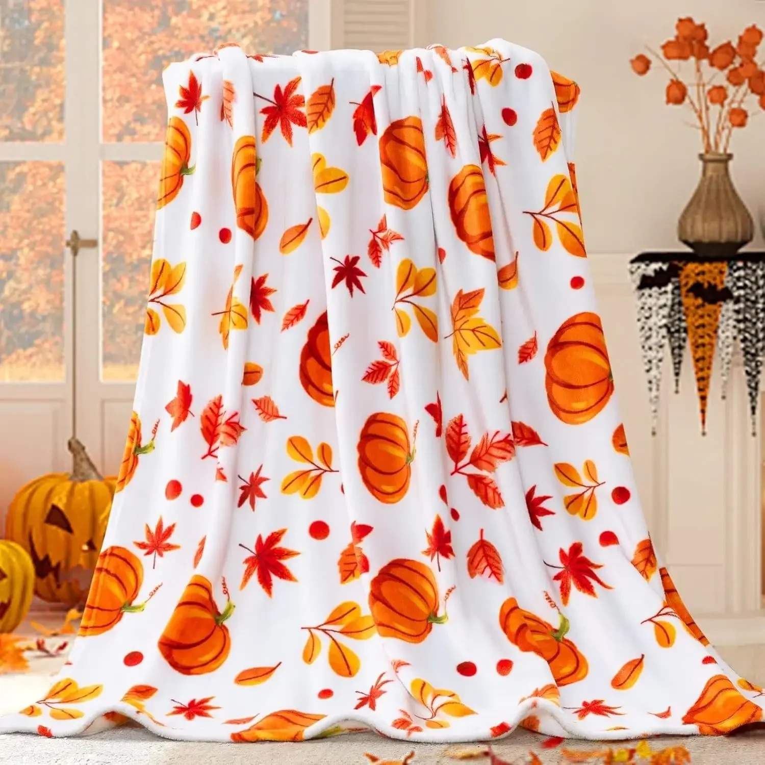 

Halloween Pumpkin Autumn Plush Blanket Fleece Fall Throw Blanket Cover Double-Sided Print Warm Flannel Blankets Decor Bed Sofa