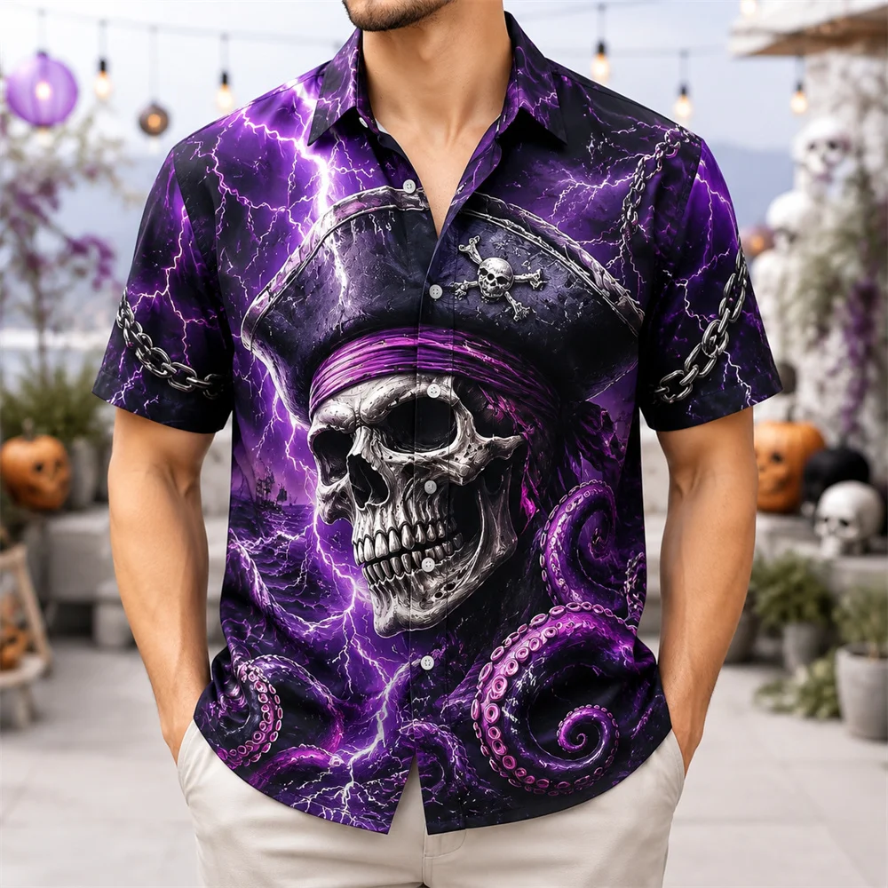 Purple Lightning Pirate Skull Shirt Men Tentacle Print Short Sleeve Button Up Gothic Halloween Party Casual Streetwear Shirts