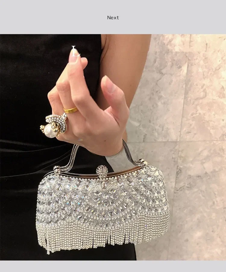 Metallische Strass-Diamant-Abendclutch mit Goldener Quaste, Luxuriöse Braut-Hochzeits-Party-Handtasche für Damen, Formelle Bankett- und Abschlussball-Tasche – Detail 16