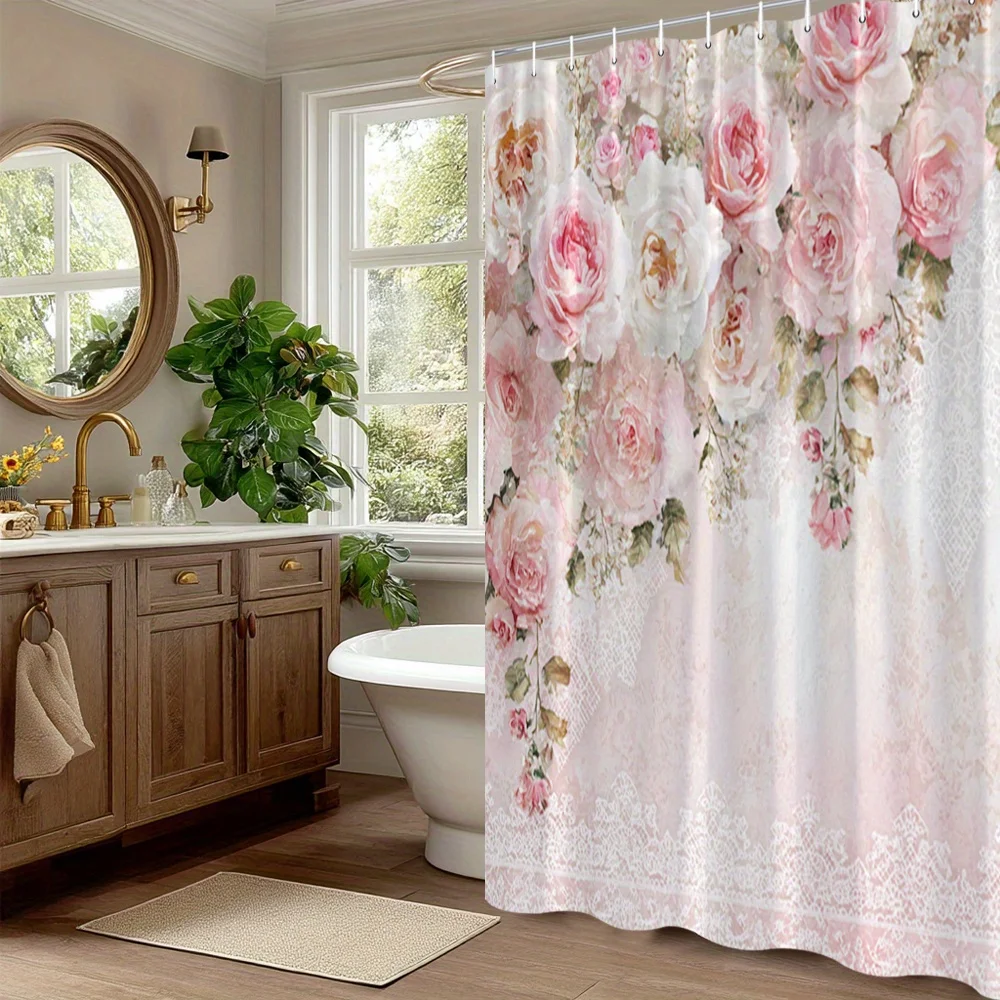 1pc Vintage Floral Shower Curtain - Elegant Pink Roses & Lace Bathroom Window Drapes, Extra Long 70.8x70.8 Inches with 12 Hooks,