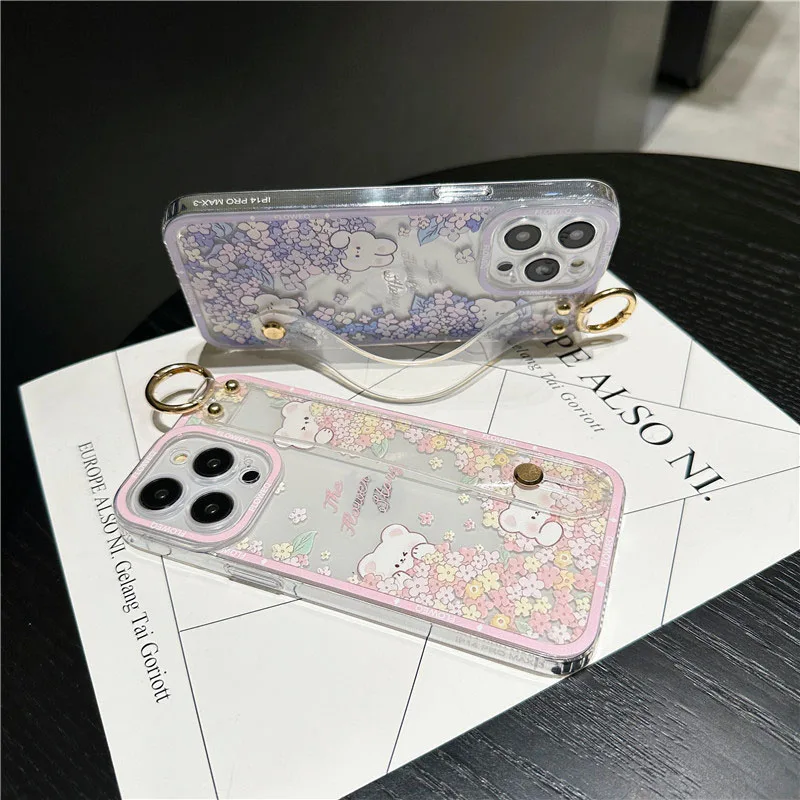 Korea Cute Flower Little Bear Wrist Strap Case For Samsung S10 S20 S21 S22 FE S23 5G NOTE20 ULTRA 10 Plus Stand Soft Cover