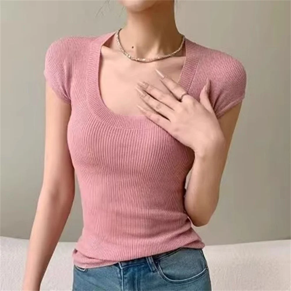 Frauen Oansatz Kurzarm Schlank Sexy T-shirts Stricken Rosa Süße Pullover Tees Casual Tops Für Frauen 2025, Frühling Sommer Dünne Pullover