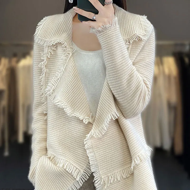 Korean Tailored Collar Sweaters Women's Clothing Casual Chic Tassel Spliced Autumn Winter Vintage Solid Color Knitted Cardigan