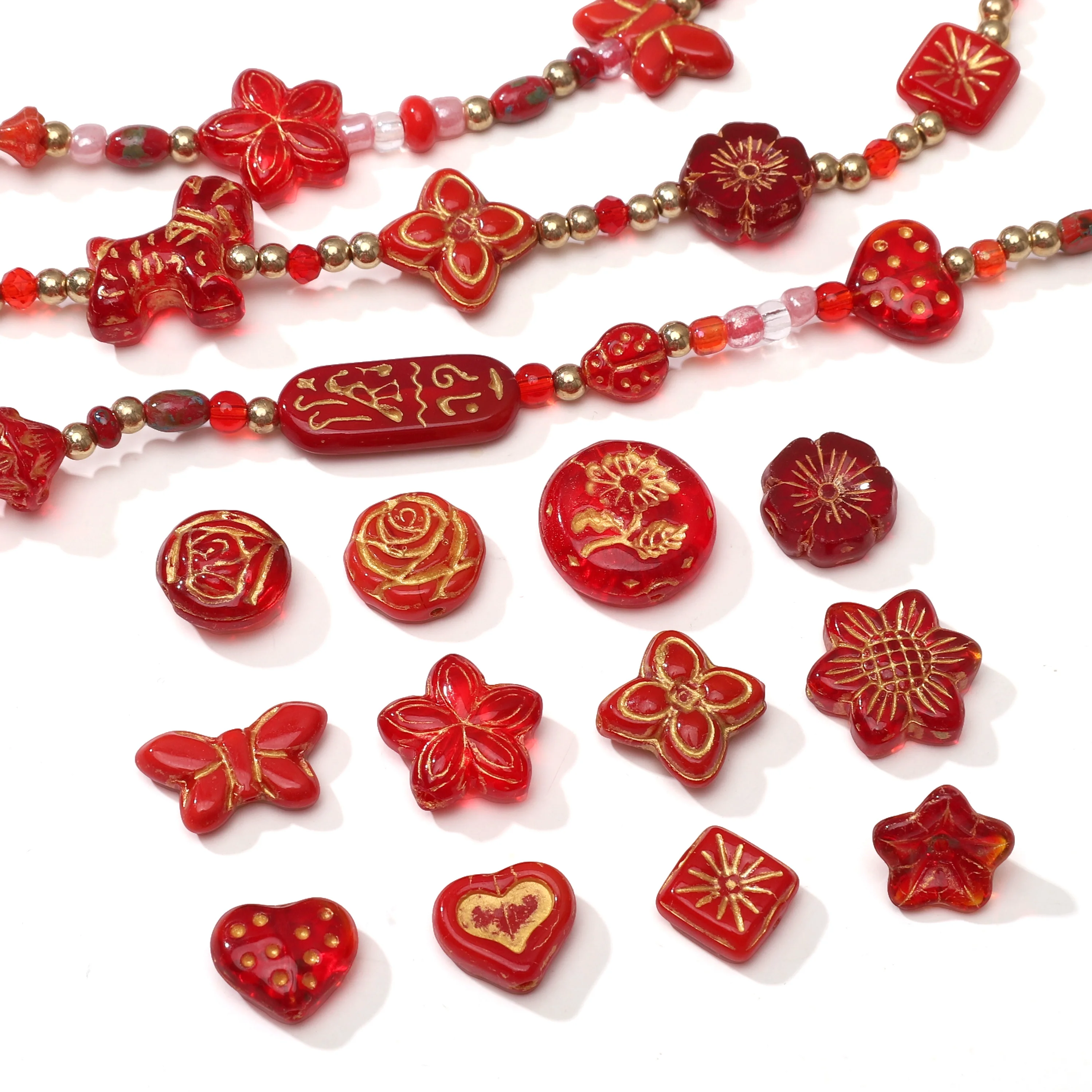 

Red Painted Baroque Style Acrylic Beads Heart Flower Butterfly Charms for Necklace Bracelet DIY Jewelry Accessories