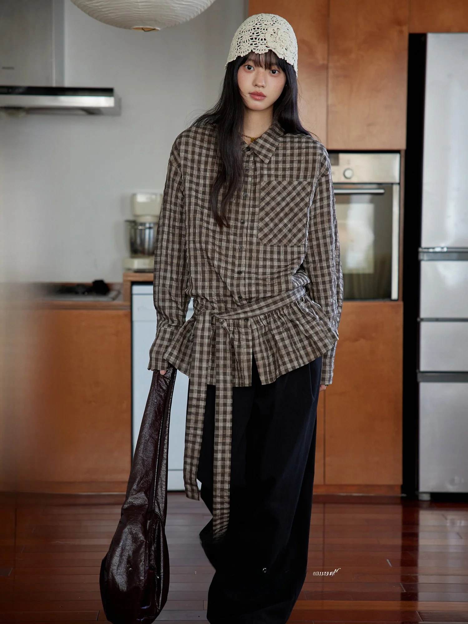 

ORWhite Autumn 2025 Vintage Brown Plaid irt Belt Elastic Design Sensation Women's Faion Retro Sle Long Sve irt