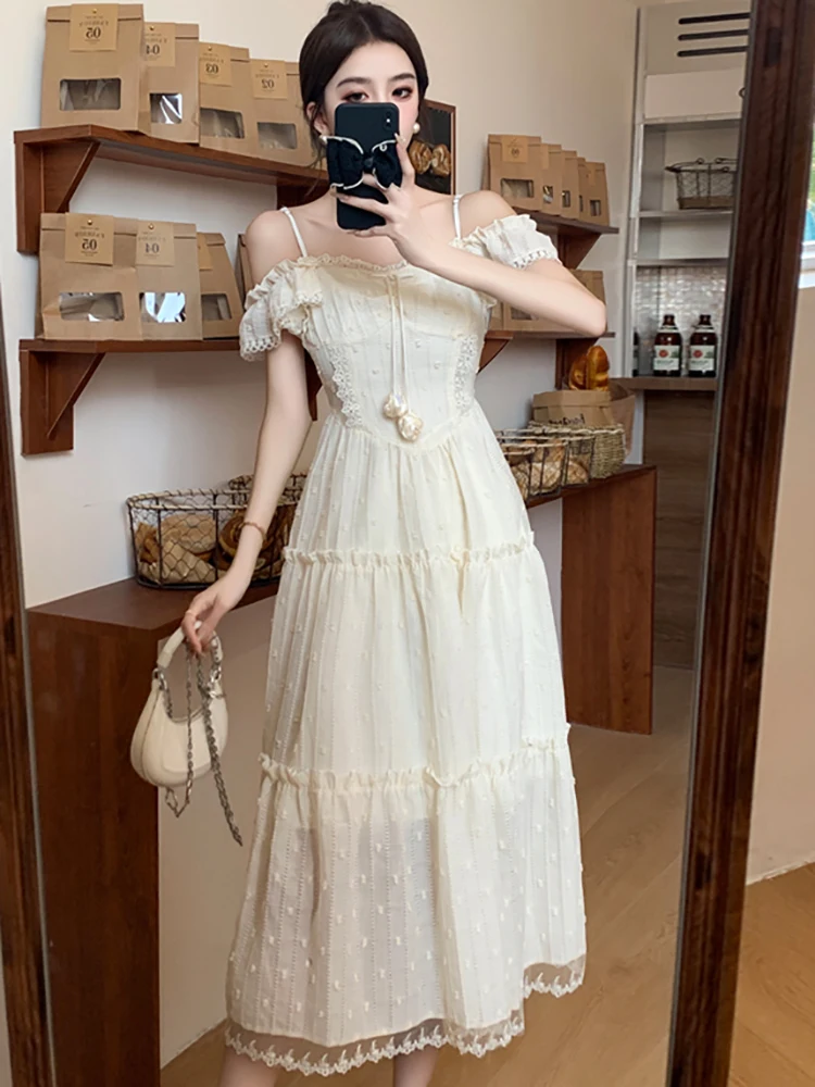 Summer White Jacquard Chic Lace Square Collar Midi Dress Women Korean Fashion Bodycon Dress 2024 Elegant Luxury Dance Prom Dress