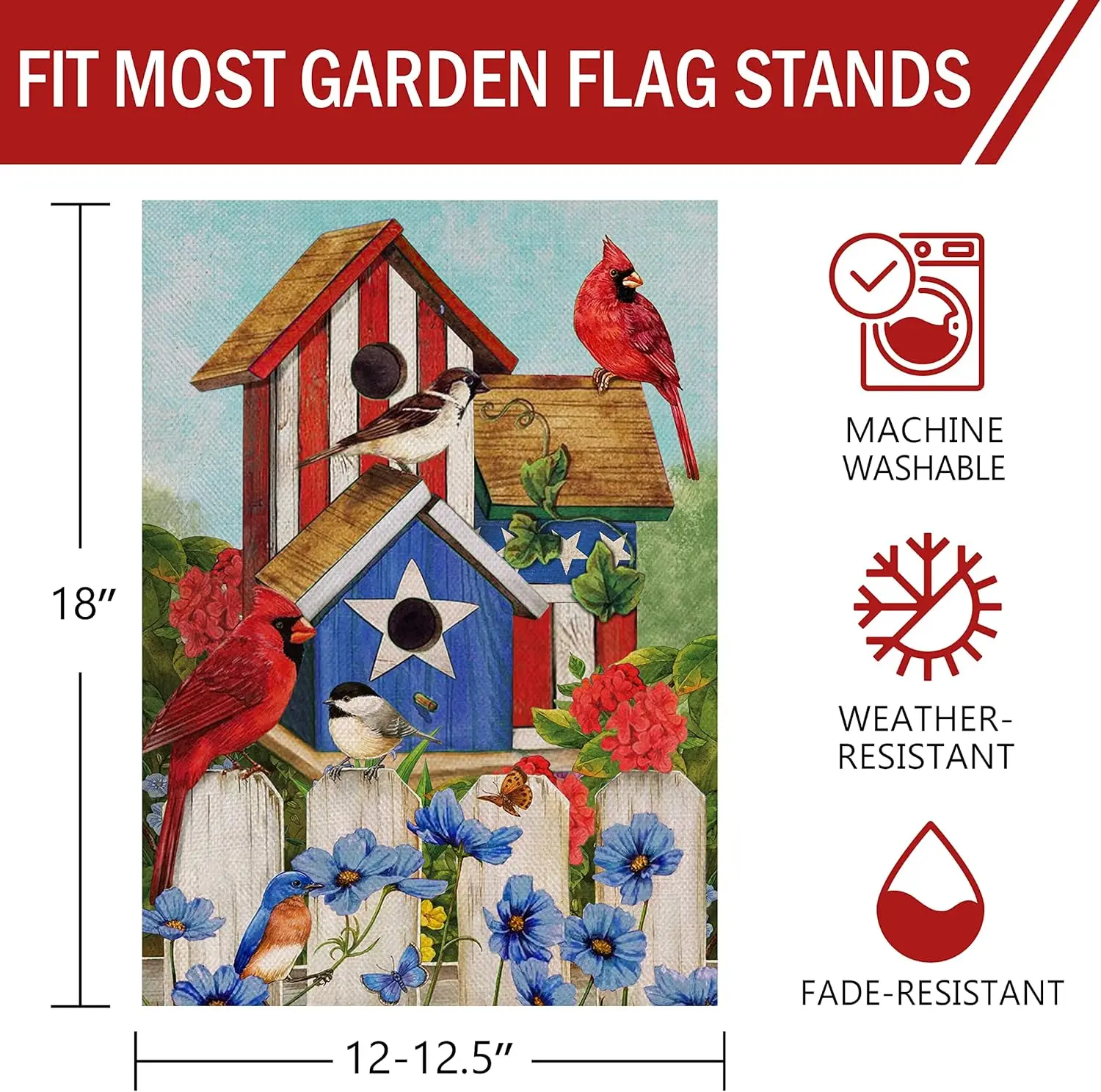 Furiaz July 4th Patriotic Cardinal Red Birds Garden Flag, American USA Yard Home Decorative Flower Outside Decoration, America M