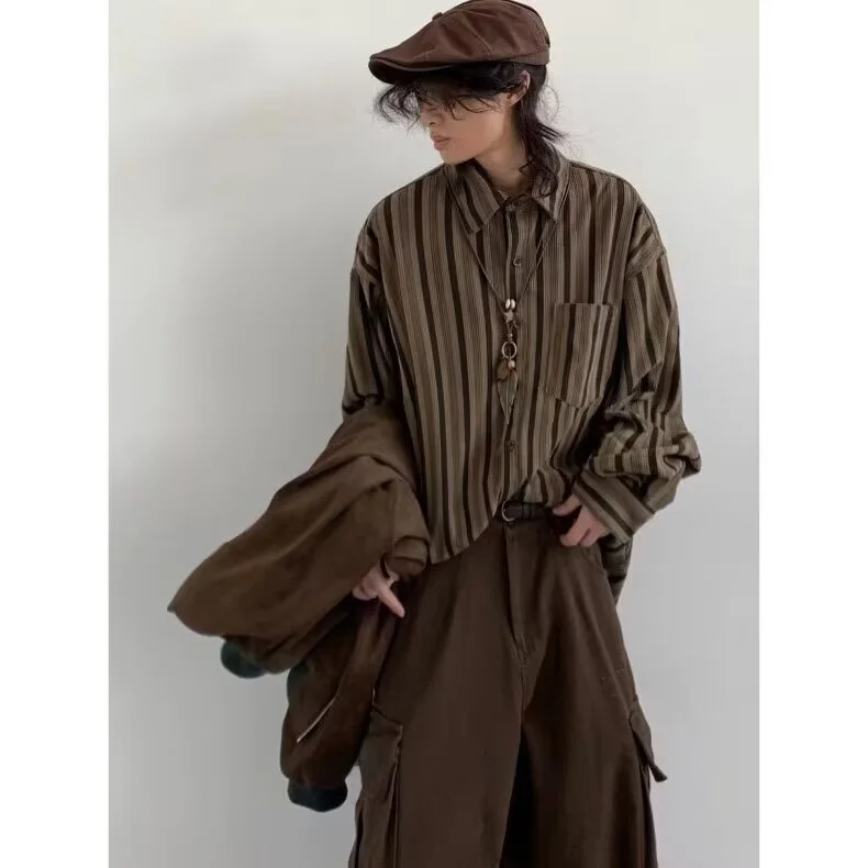 Loose Casual Men's Long Sleeve Shirt Vintage Vertical Stripes Workwear Brown Spring Autumn Japanese Style Loose Fit College S...