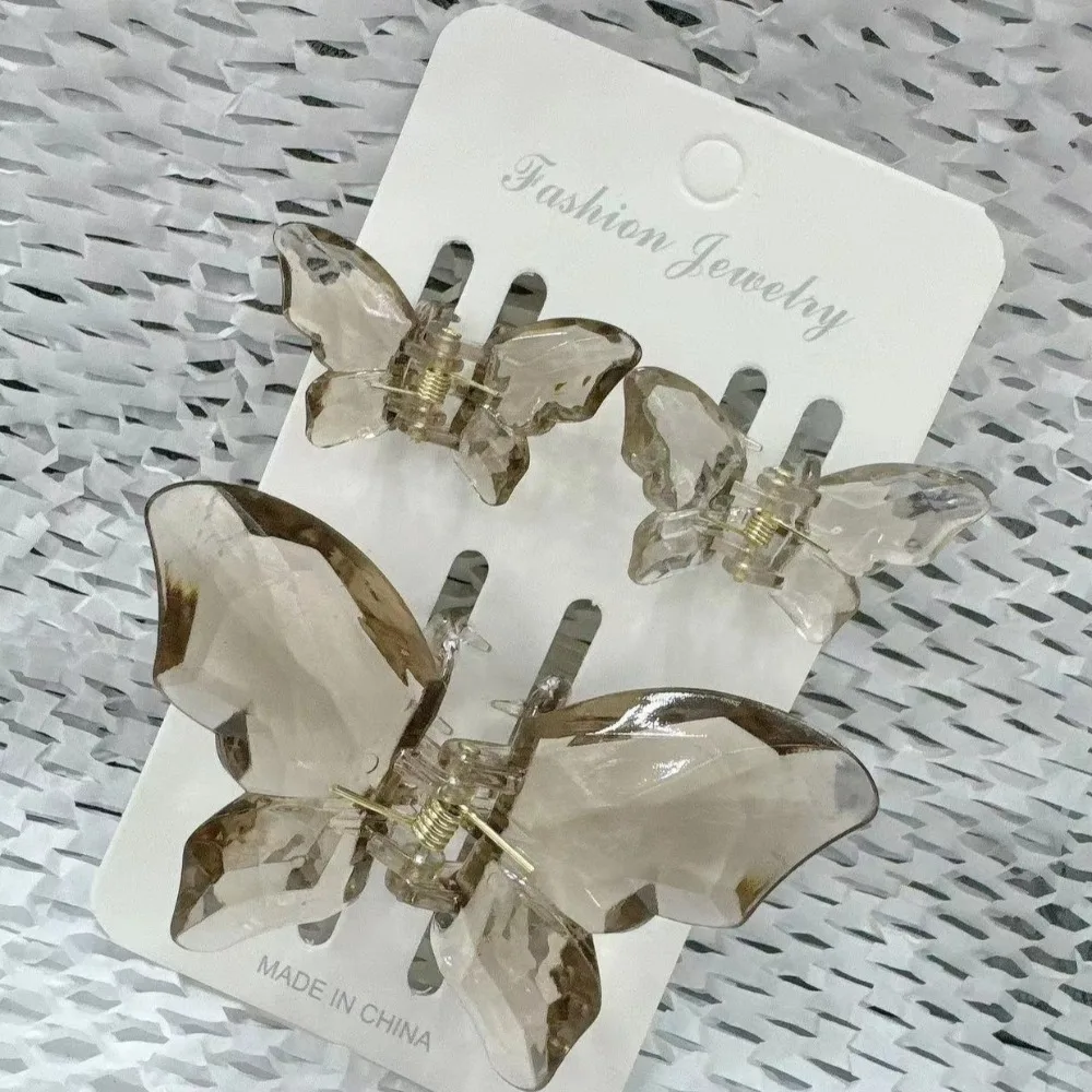 3Pcs/Set 2 Sizes Butterfly Clamp Colorful Durable Side Clip Waterproof Transparent Broken Hair Bangs Clip Hairpin Accessories