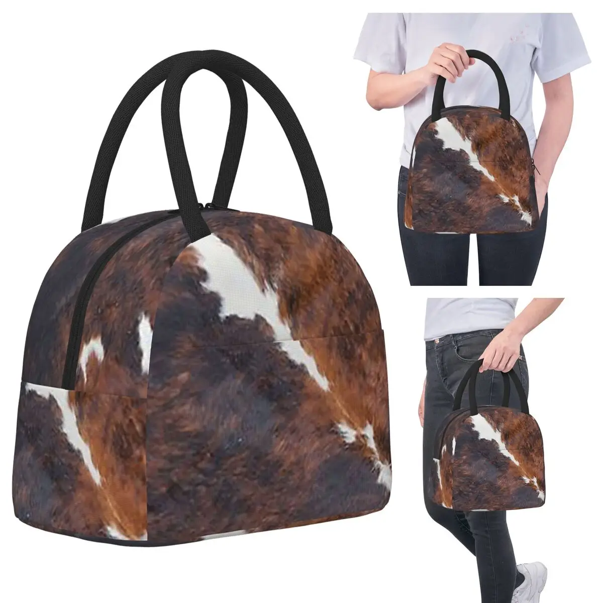 

Стильная коровья меха, текстура воловьей кожи, коровья кожа, изолированная сумка для обеда, холодильник, термосумка для еды, портативная коробка для завтрака