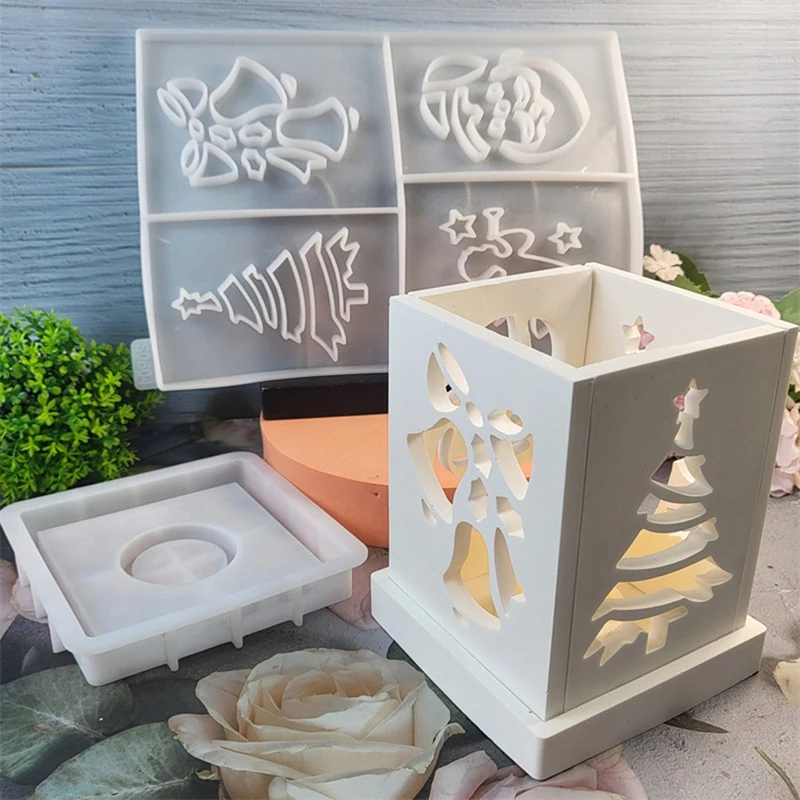 3D Christmas Theme Candle Cover Ornament Silicone Molds Projection Pieced House Resin Concrete Candle Cover Mold