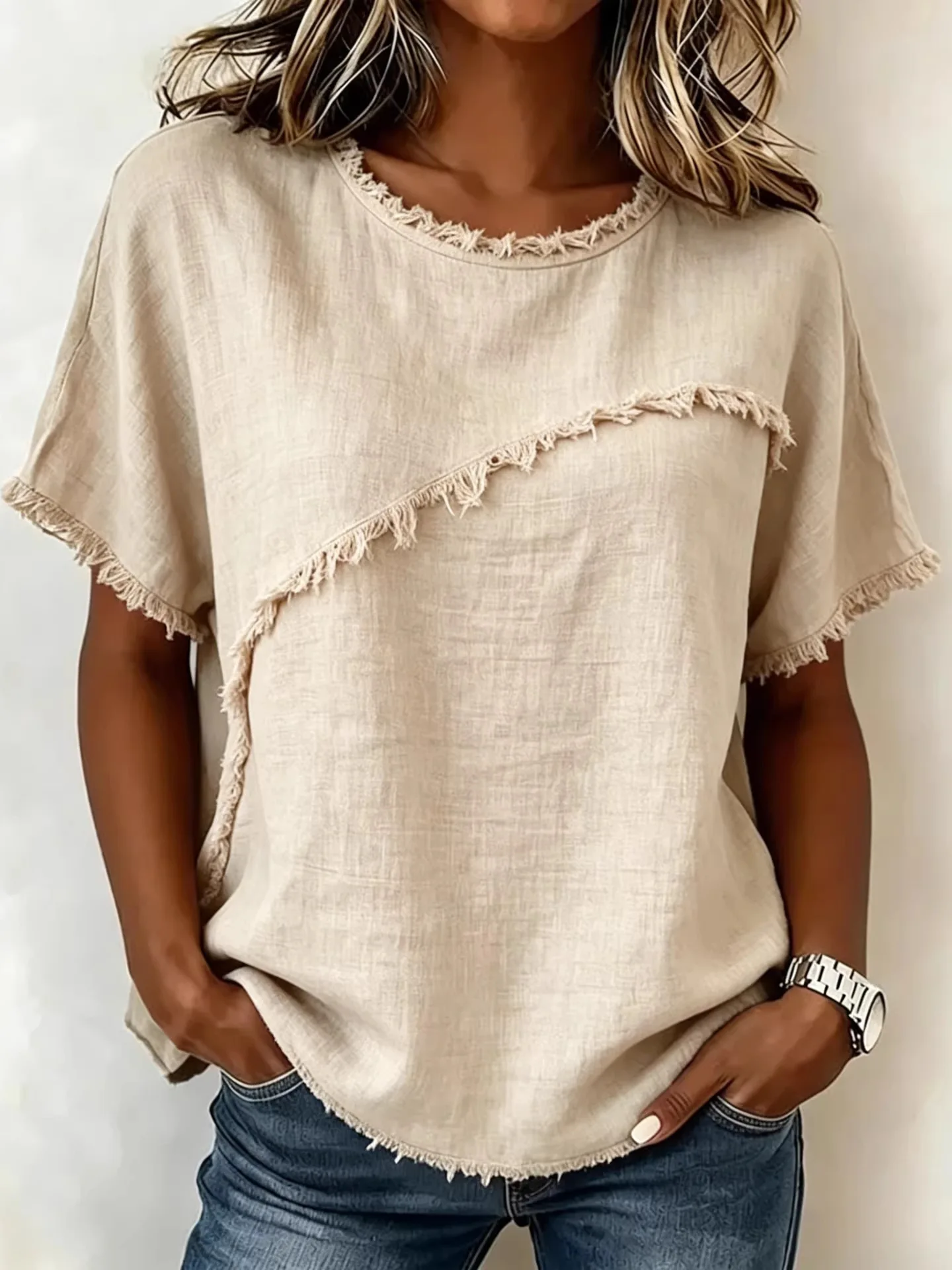 Ladies round Neck Short Sleeve Pure Color Top Casual Style Loose Fit T-Shirt Polyester Blend Summer Wear for Young Women