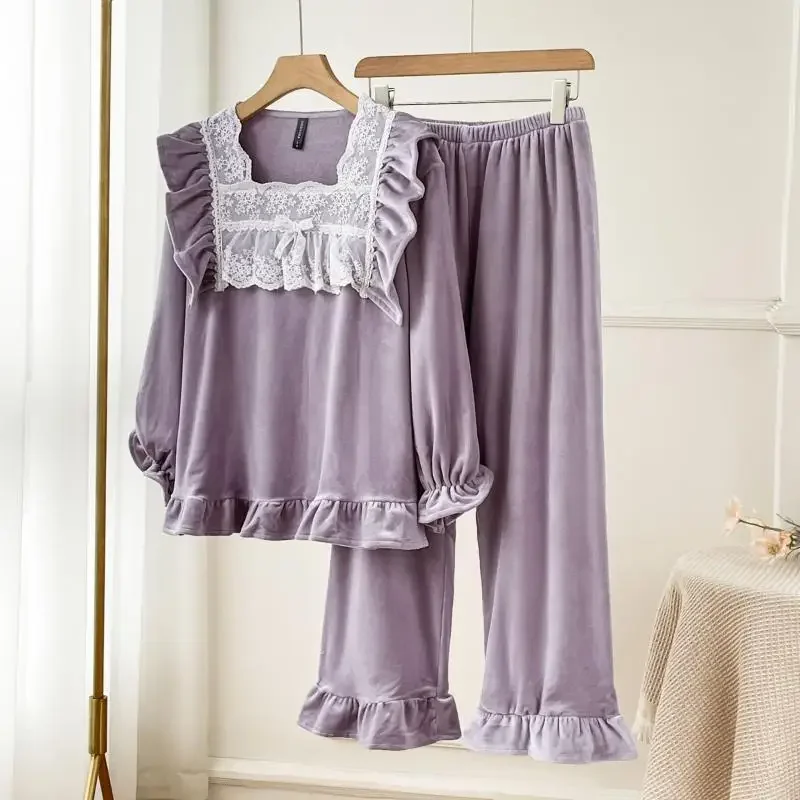 Island Velvet Purple Pajamas Suit Lady Warm Velour 2Pcs Trousers Set Loungewear Warm Nightwear Elegant Lace Collar Home Clothes