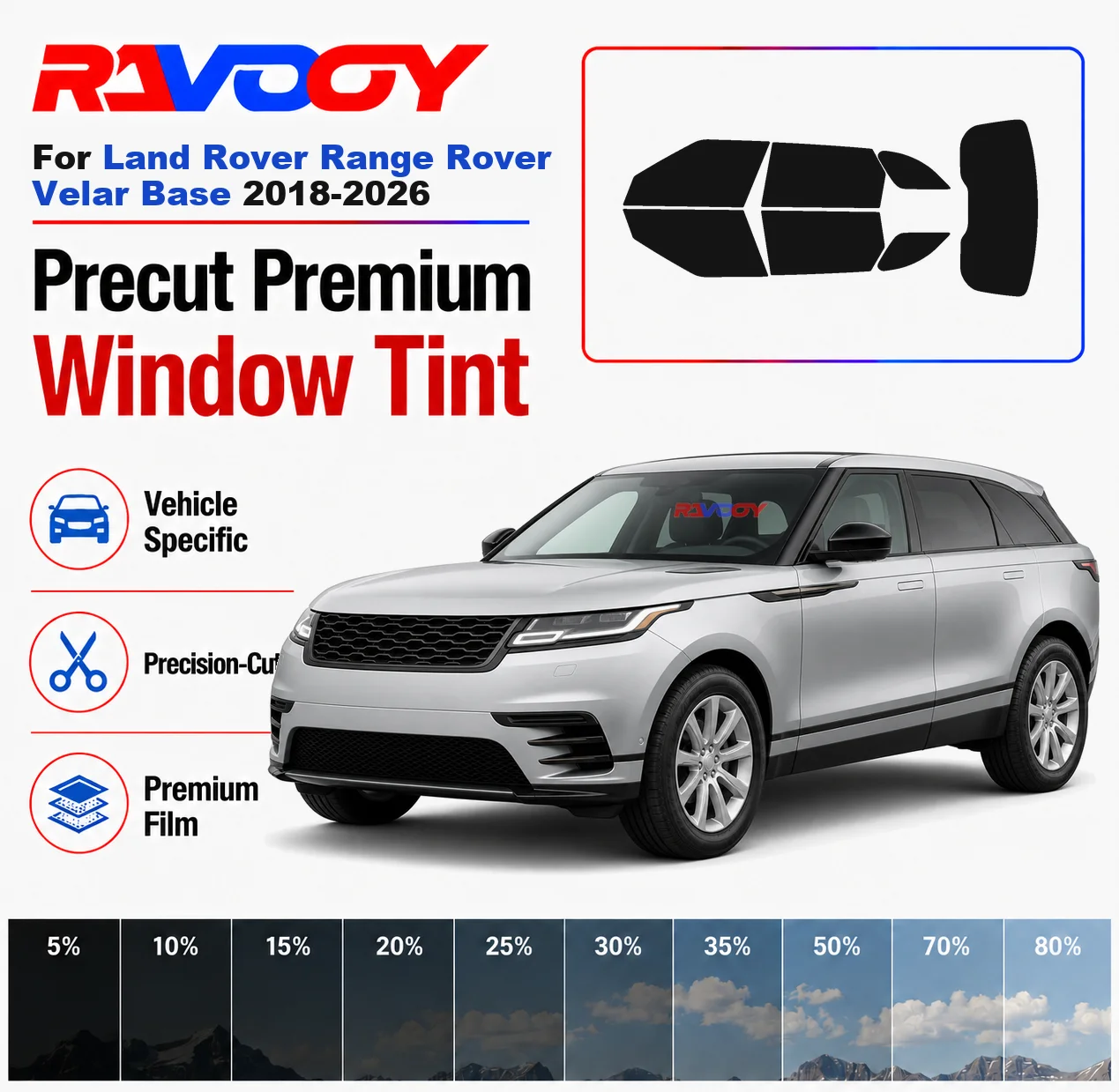 Premium Precut Window Tint Kit Front Rear Windows For Land Rover Range Rover Velar Base 2018-2026 Complete Set Nano Ceramic Film