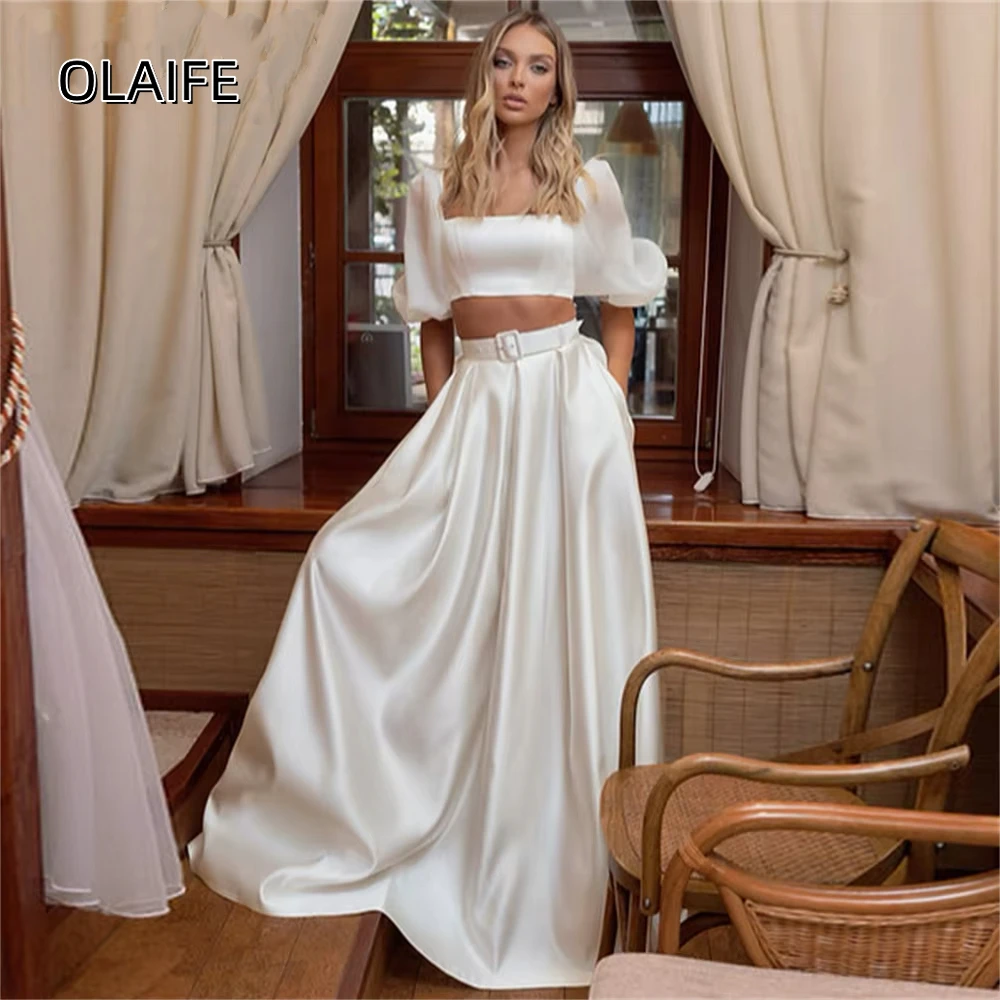 Customized 2 Pieces Puff Sleeves Satin Ruched A-Line Wedding Dress For Women Modern Zipper Sweep Train vestidos de novia