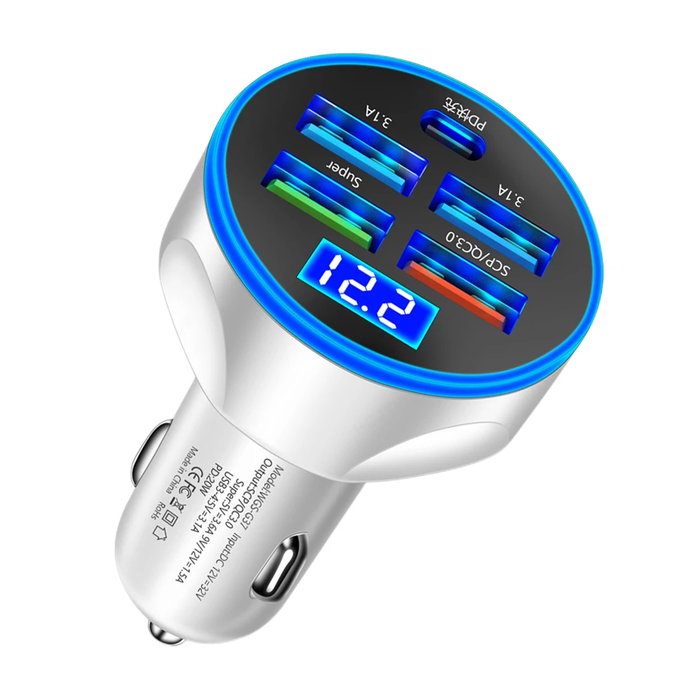 250W 5 Port Car Charger Super Fast Charging PD QC3.0 USB C Car Phone Charger Type C Adapter In Car For IPhone Huawei Realme OPPO