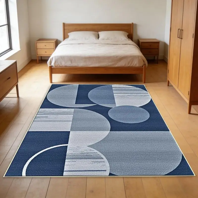 Modern Navy Blue Grey Geometric Circle Motif Rectangular Commercial Floor Rug Welcome Decor For Bedroom Living Room
