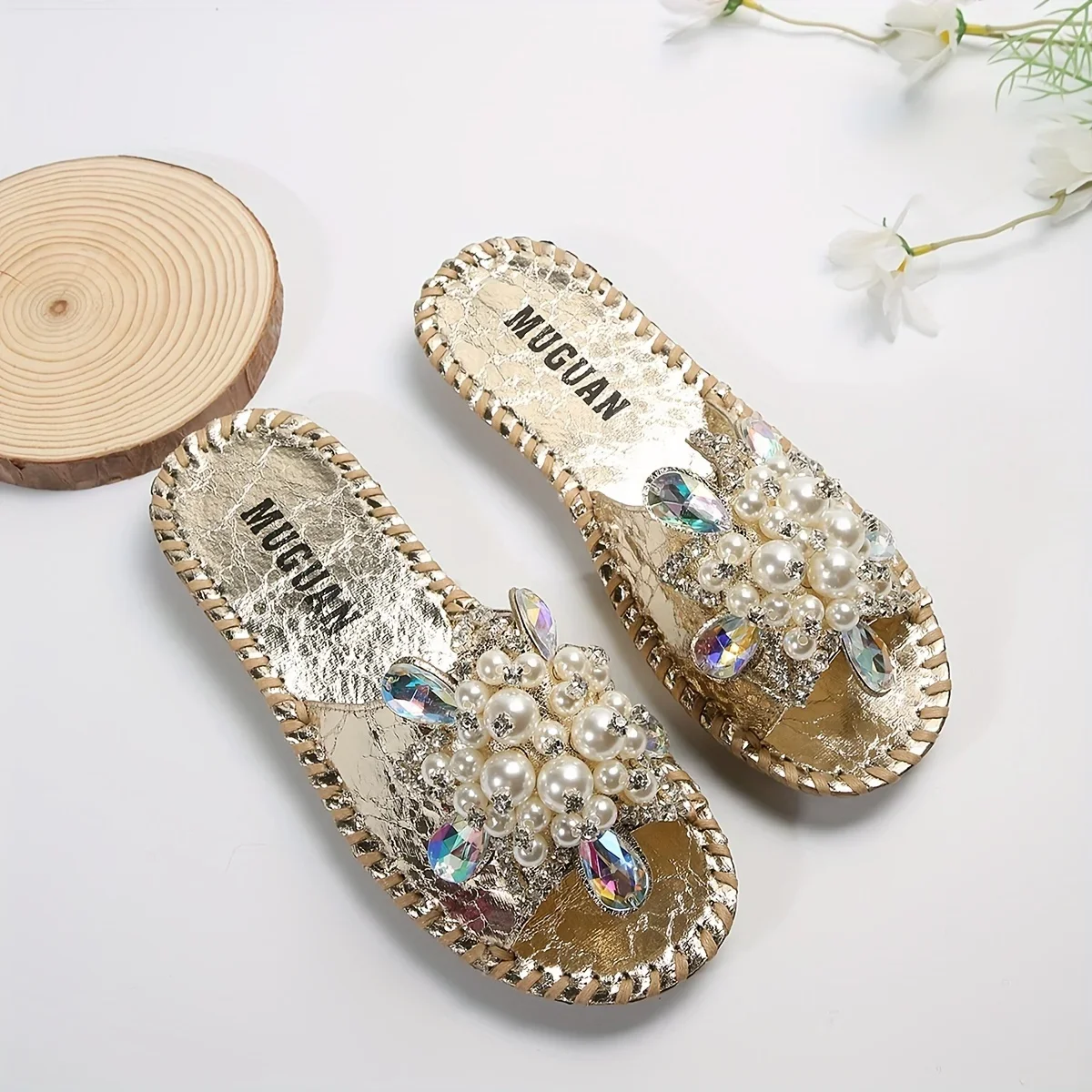 Women Faux Pearl Decor Slide Sandals Casual Open Toe Summer Shoes Lightweight Slide Sandals