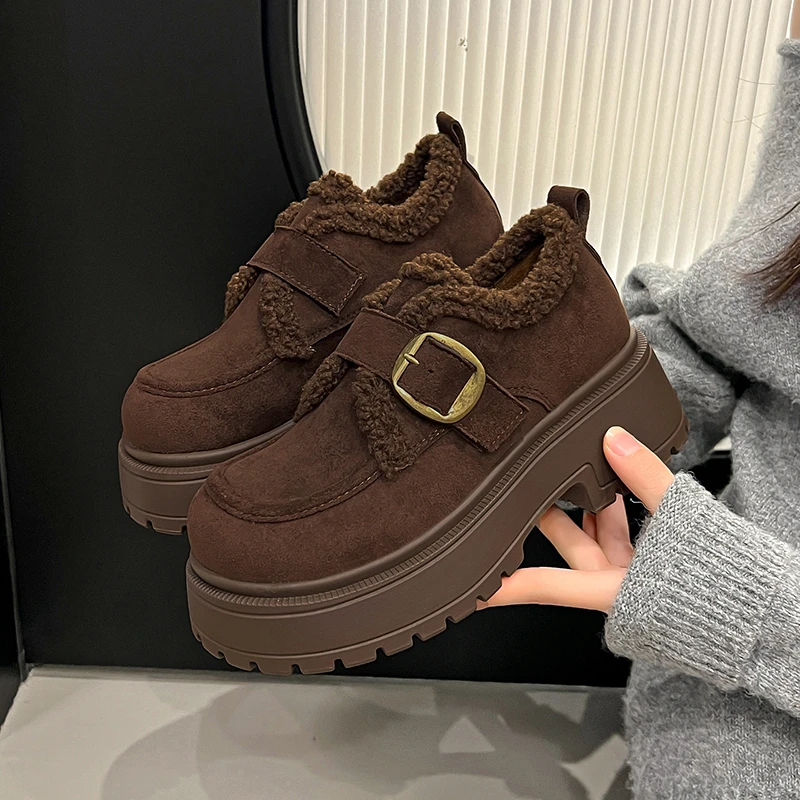 شتاء دافئ النساء أحذية قطنية كعب مكتنز الصوف الأحذية الحديثة موضة في الهواء الطلق السيدات Bootie عدم الانزلاق مشبك حذاء من الجلد غير رسمي #1