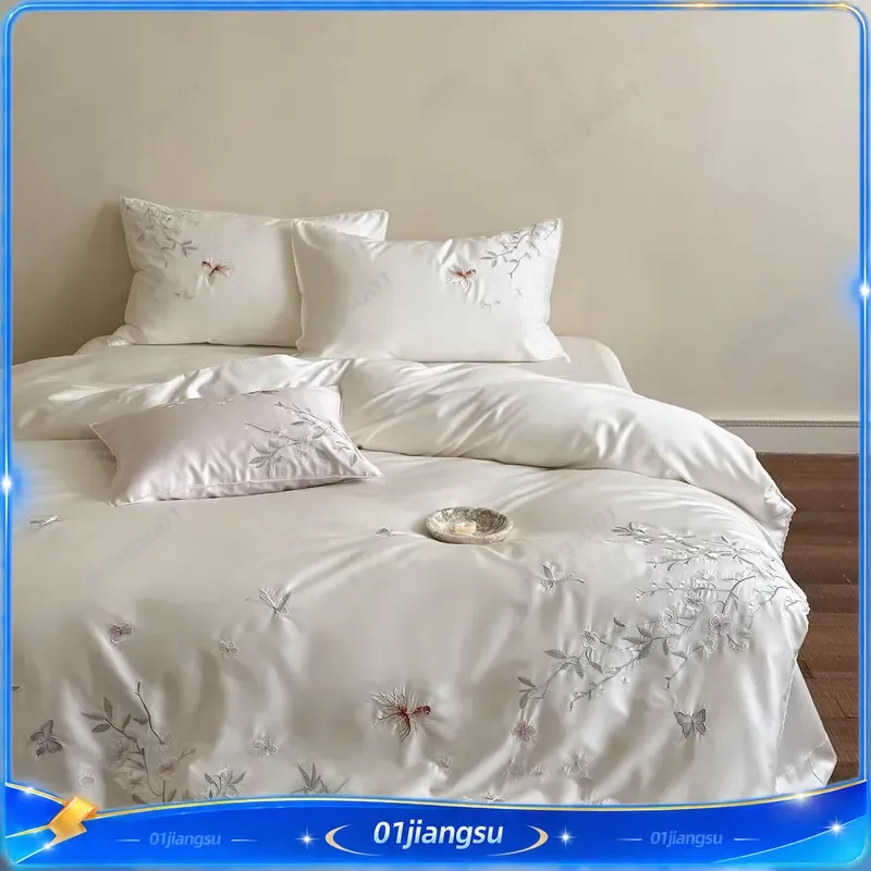 1000TC Egyptian Cotton Bedding Set Floral Butterfly Embroidery Luxury Soft Duvet Cover Pillowcases Fitted Sheet Bed Sheet