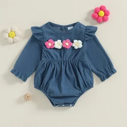 0 to 18 Months Baby Clothing Girl Long Sleeve Bodysuit 3D Flower Ruffle Trim Round Neck Jumpsuit Newborn Clothes