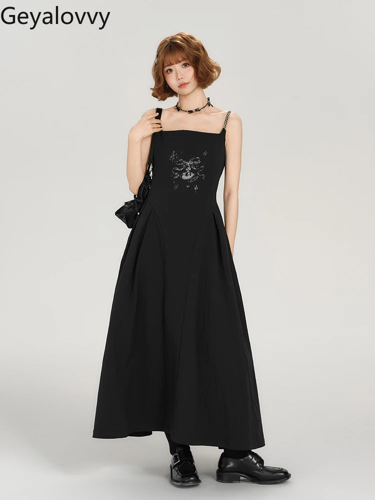 

American Retro Style Sweet Girls Suspender Long Dress Women's Summer Black Printing High Waist Slimming A-line Maxi Dresses