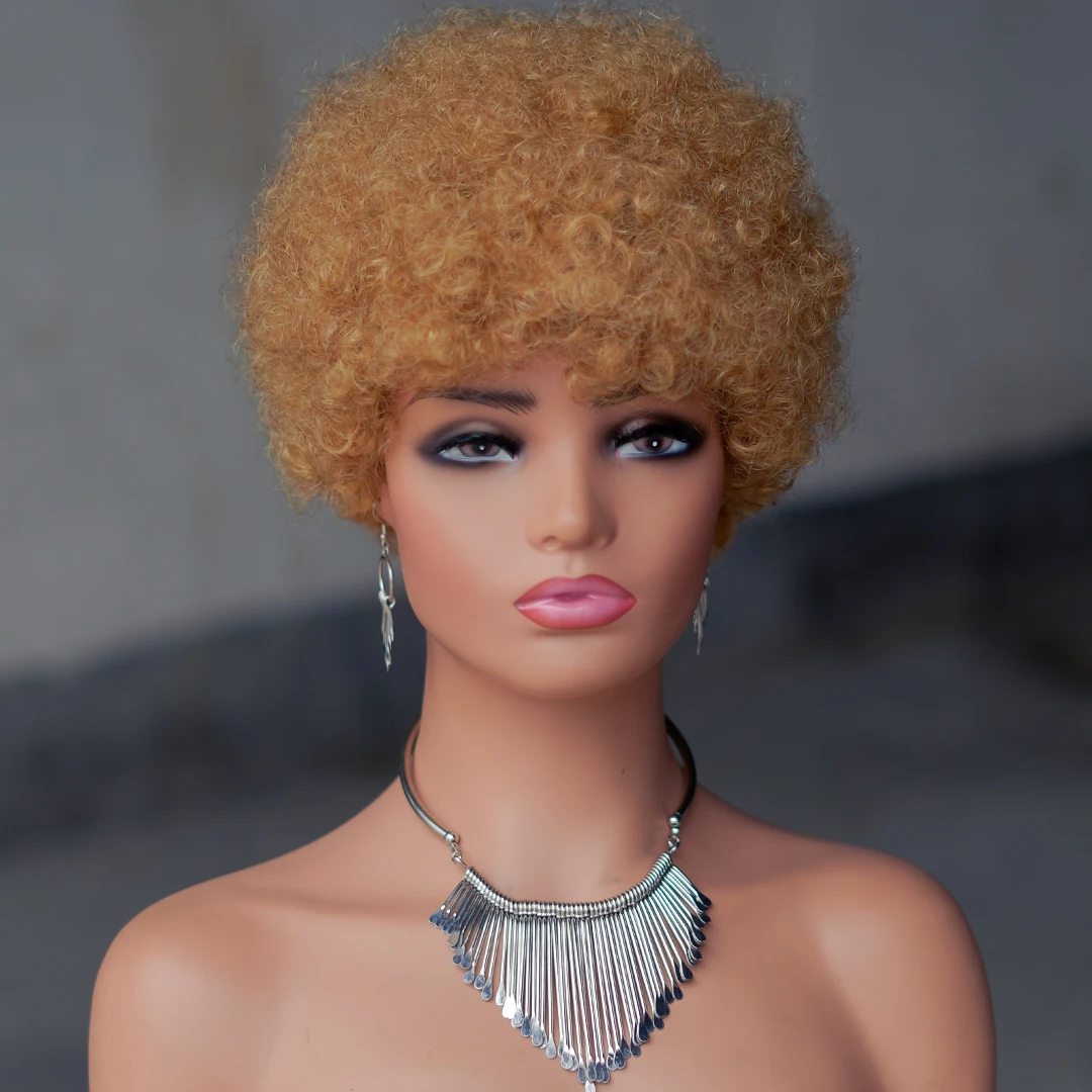 Layered Pixie Wig Human Hair For Black Women Color 27 Full Machine Made Wigs With Bangs Short Bob Pixie Cut Human Hair Wigs