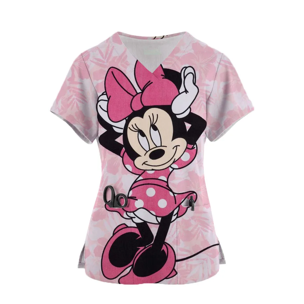 Nurse Uniform Disney Mickey Mouse Pocket V-Neck Nursing Scrubs Tops Workwear T-shirt Women Fashion Overalls Medical Uniforms