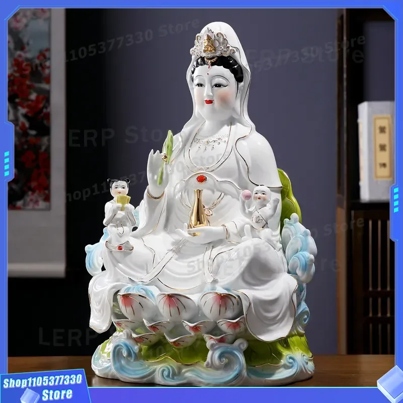 White Jade Guanyin Buddha Statue Ceramic Bodhisattva Ornament for Home Offering Decor Send Son Goddess Figure Wholesale Gift