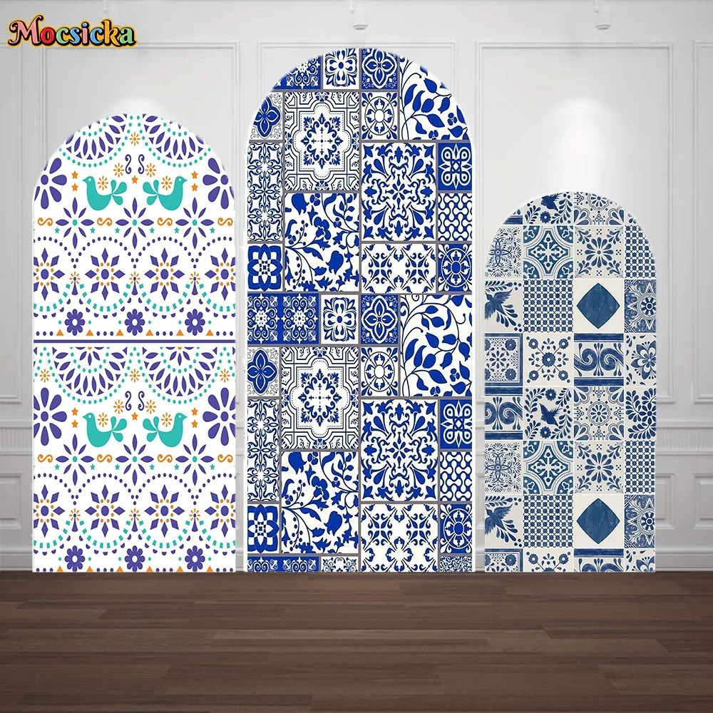 Blue Tile Pattern Arch Cover Background Girls Wedding Baby Show Birthday Party Backdrop Double-sided Custom Photobooth Studio