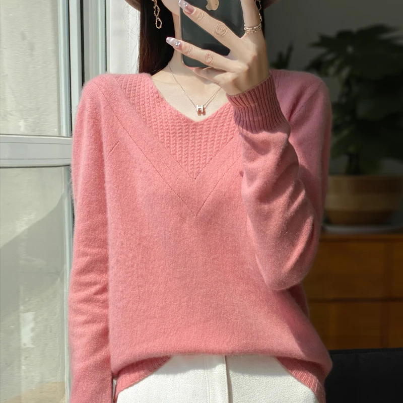 2024 autumn and winter new knitted 100% pure wool V-neck fashionable slimming wool sweater