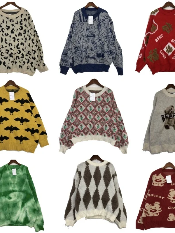 

Vintage ex Woolen Sweater Winter Street Sle Patchwork Print round Ne Long Sve Warmth Feat Cartoon Design T2