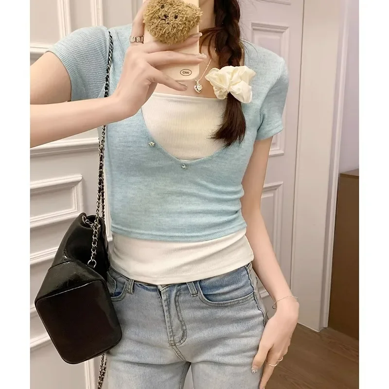 

Blue Sweet hot Girl Small Fresh Short Sleeve Square Neck Fake Two Piece Colored Full Shoulder T-shirt Short Slimming Top Women