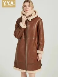 Winter Women Warm Wool Fur Lining Long Overcoat Hooded Sheepskin Genuine Leather Jacket Straight Natural Shearling Coat Real Fur