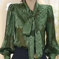 2024 Spring Autumn New Women's Scarf Collar Printed Button Bow Spliced Elegant Loose Versatile Long Sleeve Commuter Shirt Tops