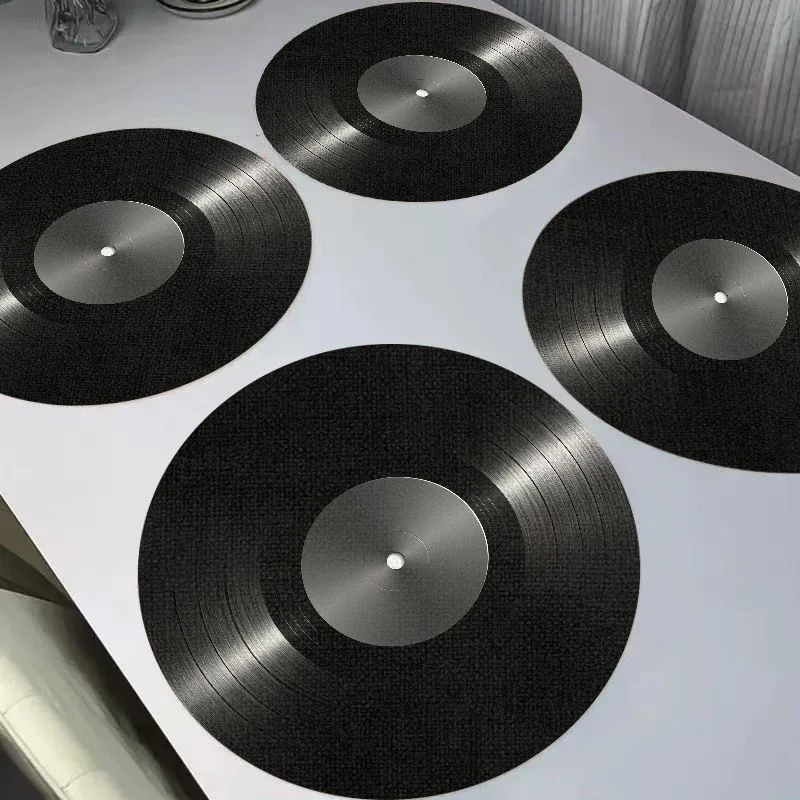 VIKAMA Retro Vinyl Record Circular Linen Placemat Heat-Insulating And Wear-Resistant Dining Table Mat Desktop Decoration