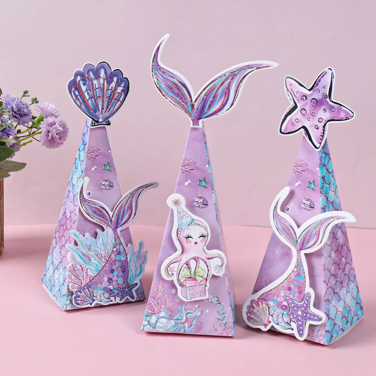 6pcs Mermaid Tail Candy Box Gift DIY Triangle Packaging Box Shell Starfish Kids Girl Favors Mermaid Birthday Party Decorations