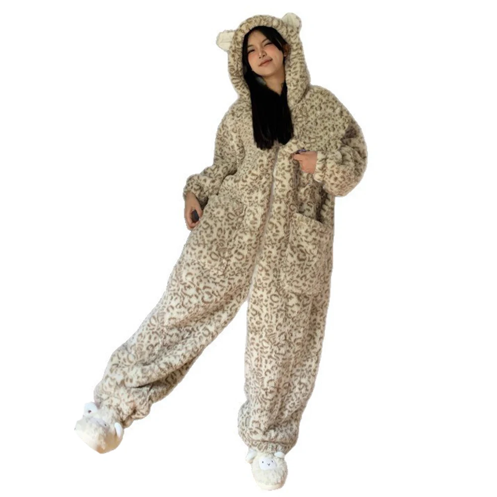 

Комбинезон с леопардовым принтом для взрослых, костюм на Хэллоуин, плюшевый медведь, цельный косплей, костюм для женщин, зимние теплые фланелевые комбинезоны