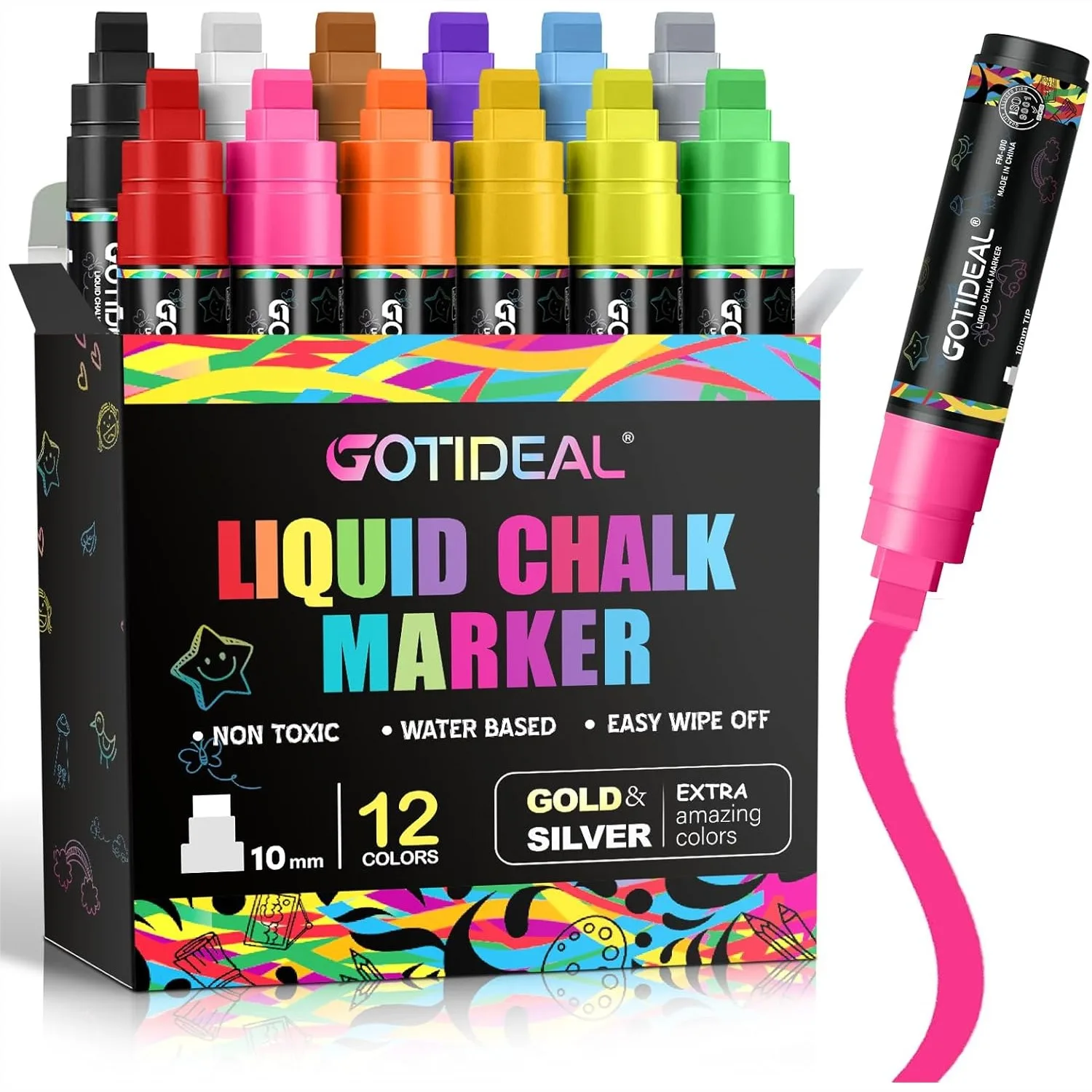 

Jumbo Chalk Markers For Blackboard, 12 Colors Metallic Window Markers With 10mm Thick Tip For Car Glass Mirror And Holiday Decor