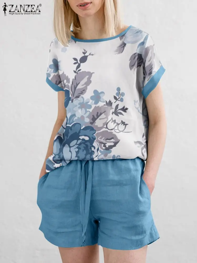 ZANZEA-Blusa de manga corta con estampado Floral para mujer, conjunto de pantalones cortos de 2 piezas para vacaciones, moda de verano, 2024