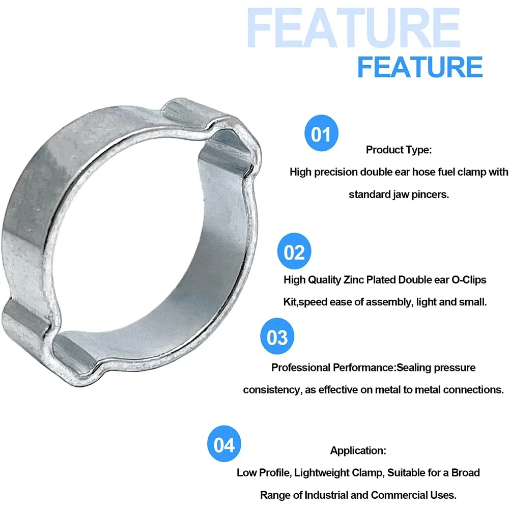 80PCS Double Ear Clamps O Clips-Crimp O-Clip Air Silicone Petrol Fuel Hose Pipe 5-20mmZinc-Plated Steel Two Ear Hose Clamps