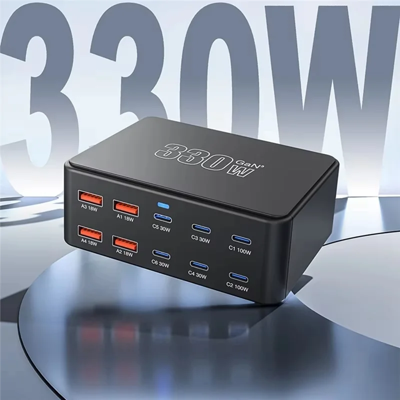 ABKI-330W USB C Gan شاحن 100W PD3.0 QC3.0 محطة شحن سريعة متعددة المنافذ لهاتف Iphone 16 لقابس الاتحاد الأوروبي