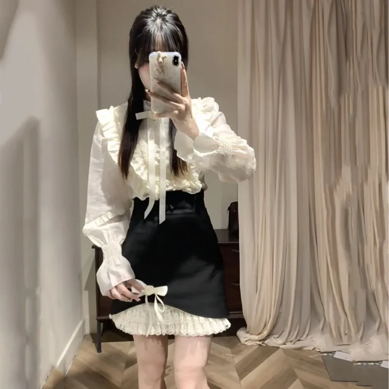 Spring Autumn New Korean Fashion Clothes Sweet Concise Temperament Shirt+High Waist Slimm Skirt Sets Commute Women Two Piece Set