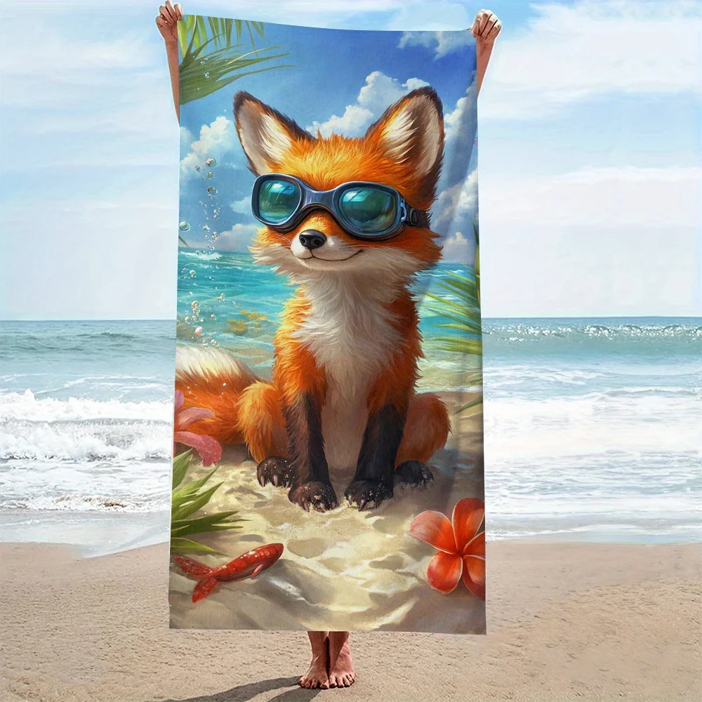 2D Flat Cute Fox Beach Pattern Beach Towel Soft Water Absorbent Multi-Purpose for Beach Vacation Travel Multiple Sizes Best Gift