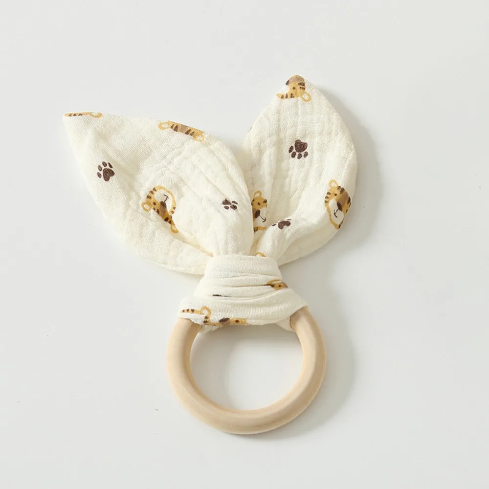 Suave bebé de madera agarre de mano sensorial de madera Natural anillo de dentición para recién nacido pulsera sonajero Orejas de conejo masticar apaciguar infantil