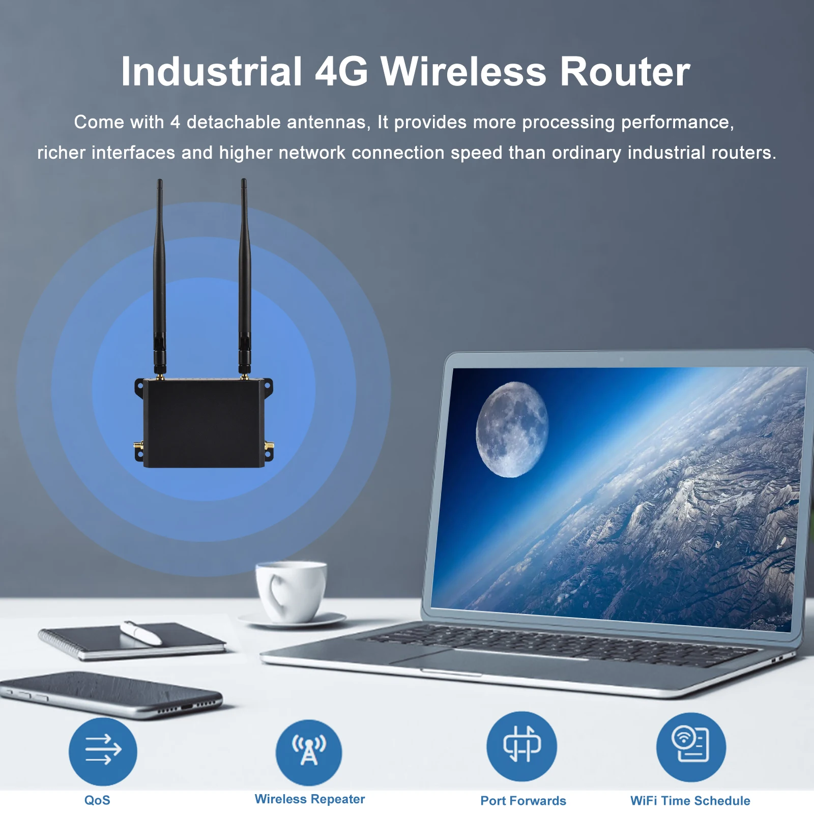 KuWFi 4G LTE WiFi-router 2.4G CAT4 300 Mbps RJ45-poort Ondersteuning VPN DDNS Firewall-functie Wandgemonteerde externe 4 stuks antennes